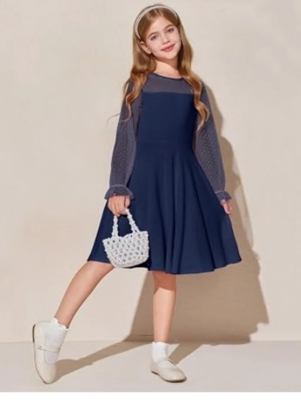Girls Contrast Mesh Long Sleeve High Waist A Line Short Dress with Pocket Blue